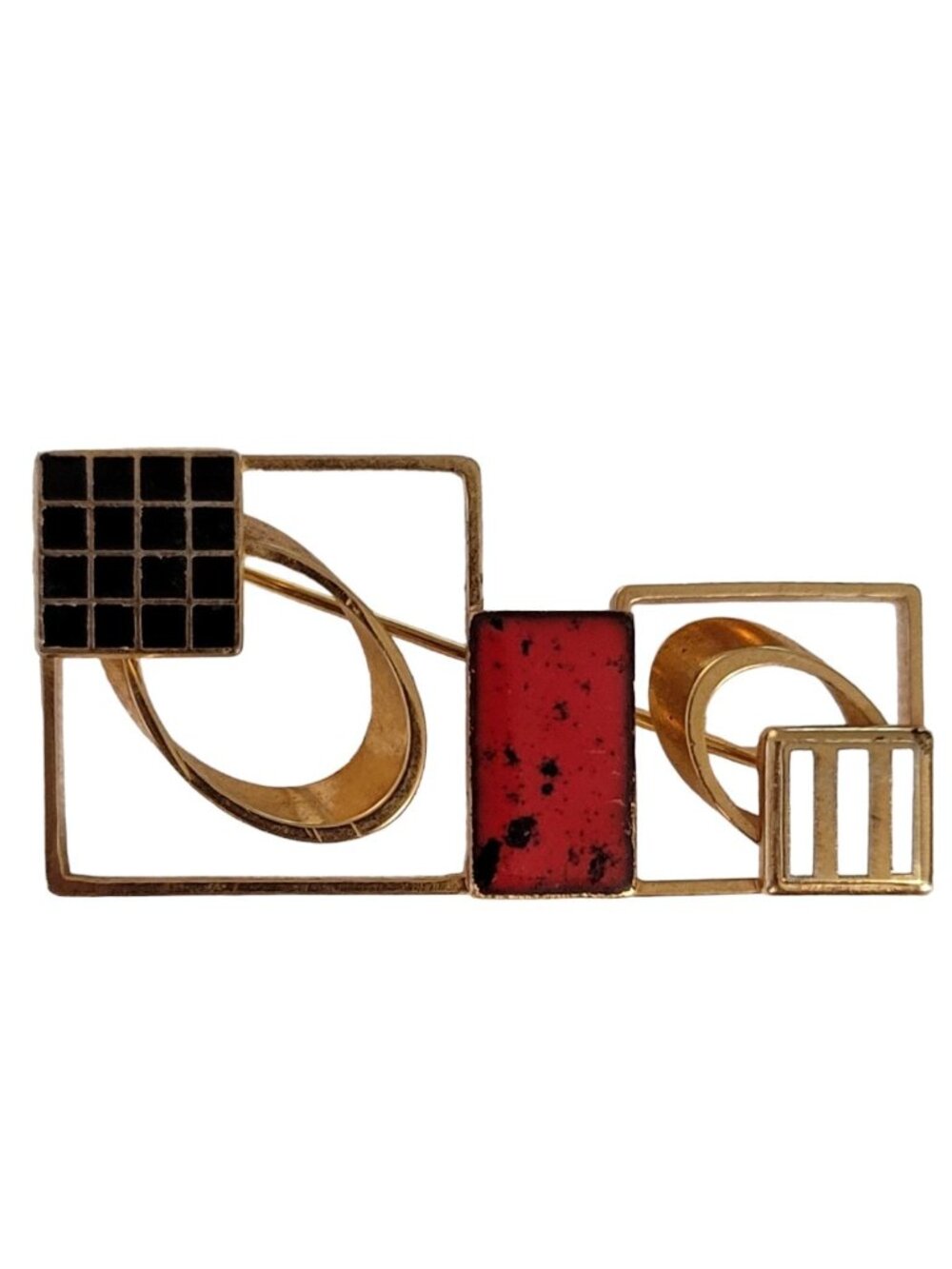 Gold Tone Modernist Black Red Porcelain Enamel Art Deco Style Square Brooch E2
